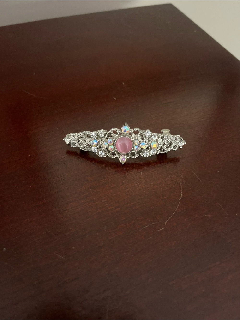 Silver Filigree Rhinestone Hair Barrette with Pink Center